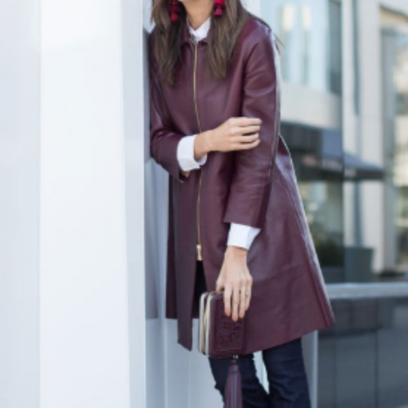 Kate spade madison avenue burgundy maroon leather jacket trench coat size 0 nwot - Picture 1 of 8